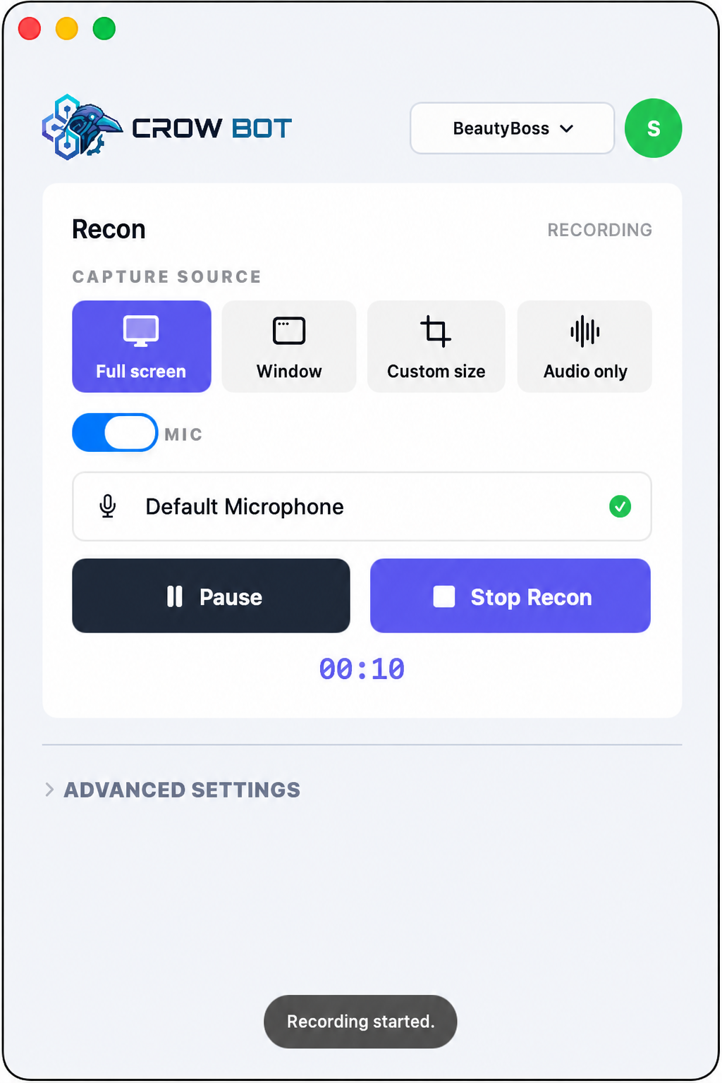 Crow Bot recording controls for full screen, window, custom size, and audio-only capture