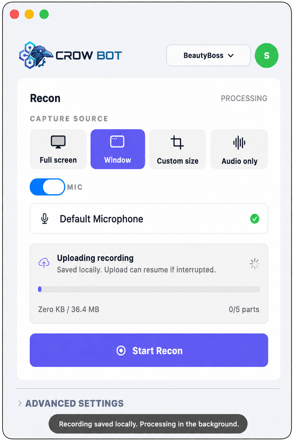 Crow Bot processing recording state after capture finishes